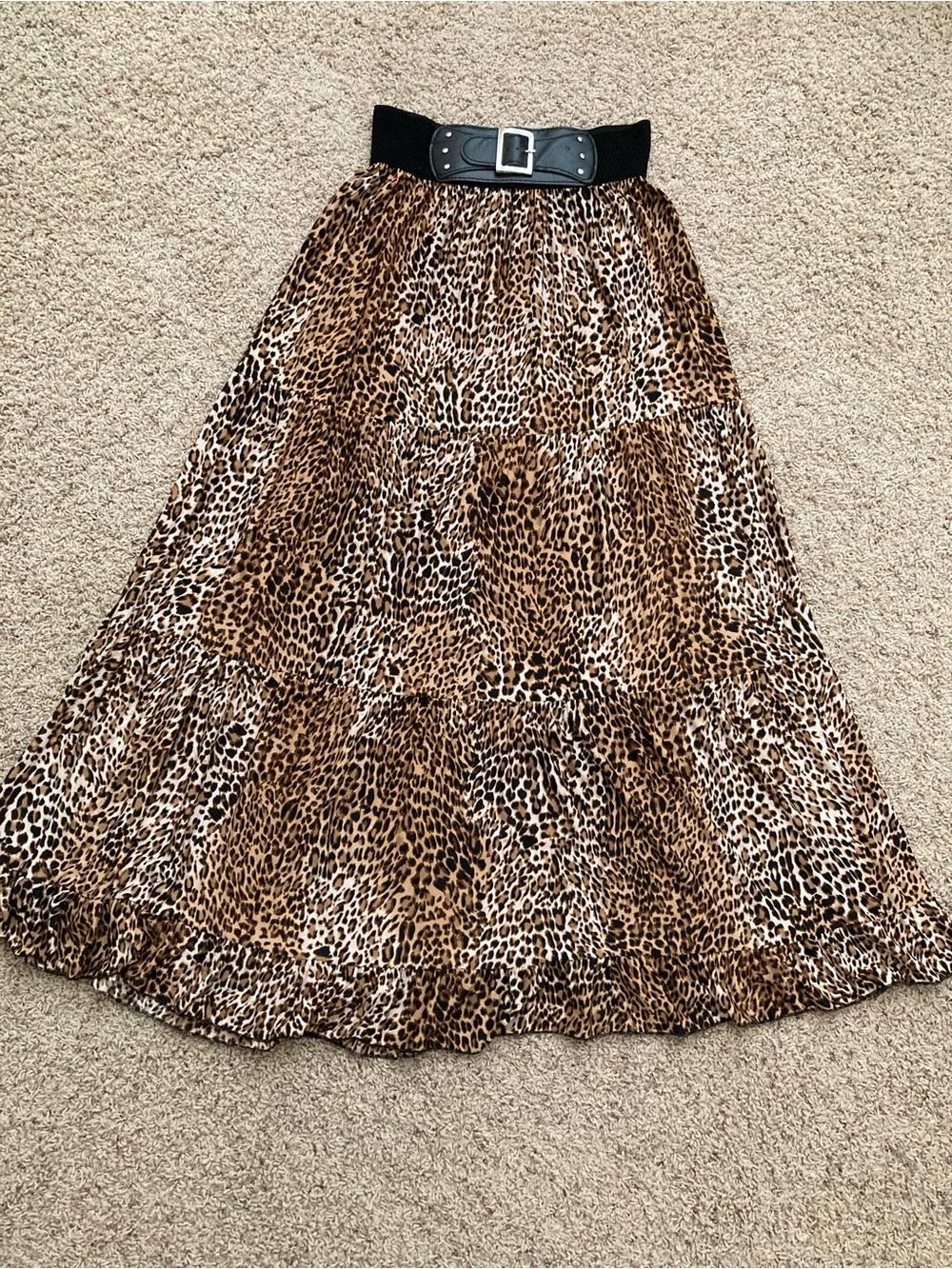 Leopard Print Tiered Maxi Skirt with Elastic Waist